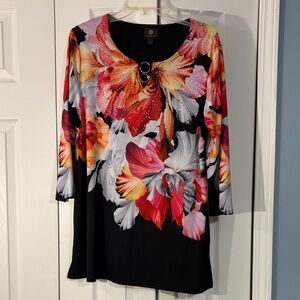 MJ Collection Floral Print Women's Top L 3/4 Sleeves multicolor